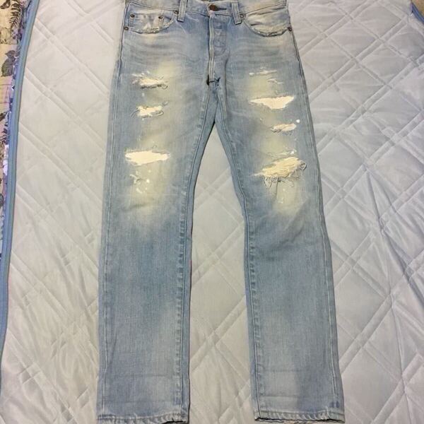 RED CARD ダメージデニム 29インチ パンツ ジーンズ 加工 ヴィンテージ 古着 日本製 Made in JAPAN メンズ レッドカード アイスブルー