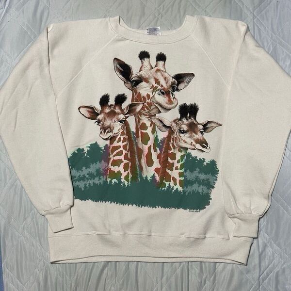 90's Hanes Active Wear スウェット ホワイト L キリン アニマル プリント トップス トレーナー Made in USA アメリカ製 古着 ヴィンテージ