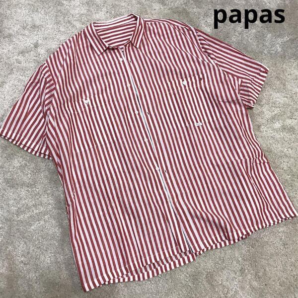 美品【 papas 】ストライプ 半袖シャツ L リネン混 麻 レア