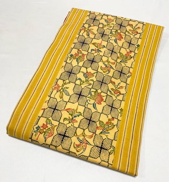 送料無料 美品 型染め 花草模様 紬 正絹 全通 名古屋帯 シャレ帯 リサイクル 仕立て上がり