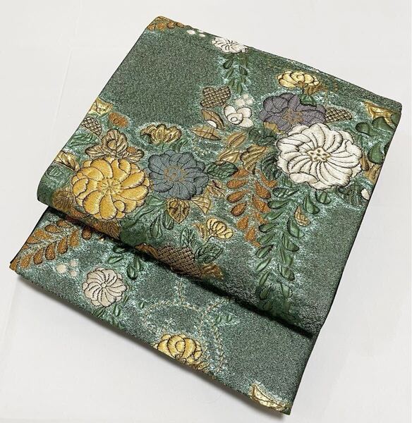 送料無料 ふくれ織 辻が花 金通し 金糸 緑 正絹 六通 袋帯 フォーマル O20 仕立て上がり リサイクル