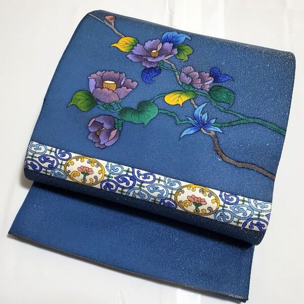 送料無料 美品 シックな花模様 金通し 唐草 青色 太鼓 正絹 フォーマルな袋帯 仕立て上がり リサイクル