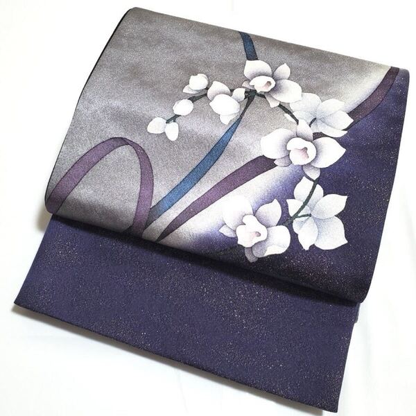 送料無料 水仙の花模様 銀通し 灰色 紫色 染 太鼓 正絹 フォーマルな袋帯 仕立て上がり リサイクル