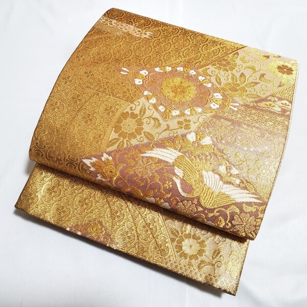 送料無料 鶴に花菱模様 金色 唐草 唐花 六通 正絹 フォーマルな袋帯 仕立て上がり リサイクル