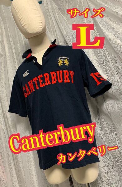 Canterbury カンタベリー 半袖 ポロシャツ ラグビー デカロゴ 刺繍 ネイビー Lサイズ