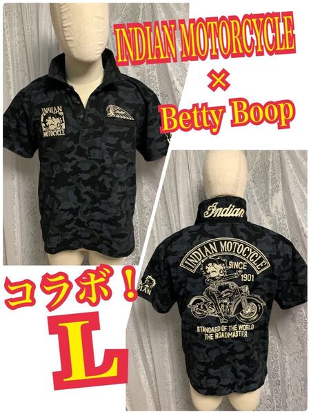 INDIAN MOTORCYCLE Betty Boop インディアンモーターサイクル×ベティ コラボ半袖 ポロシャツ 刺繍ロゴ 迷彩 バイカー Lサイズ