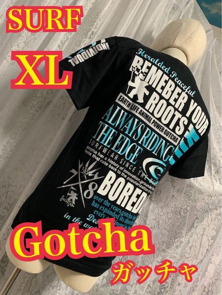 Gotcha ガッチャ 半袖 Tシャツ SURF プリントロゴ ラメ 黒 XL