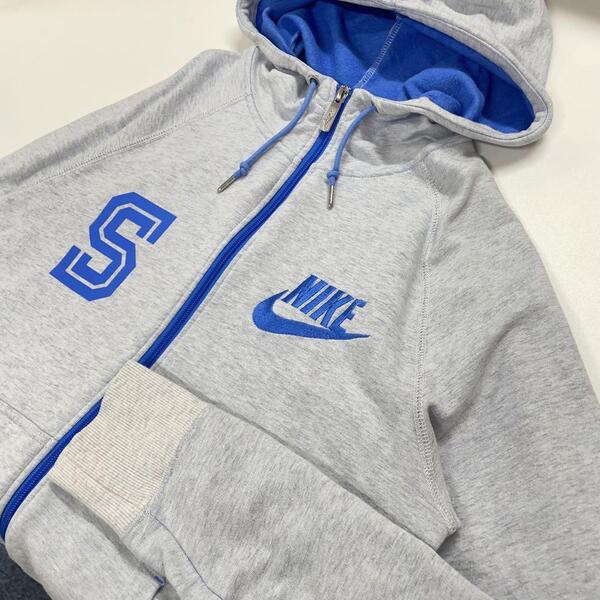 NIKE フルジップパーカー ロゴ刺繍 グレー ブルー メンズS