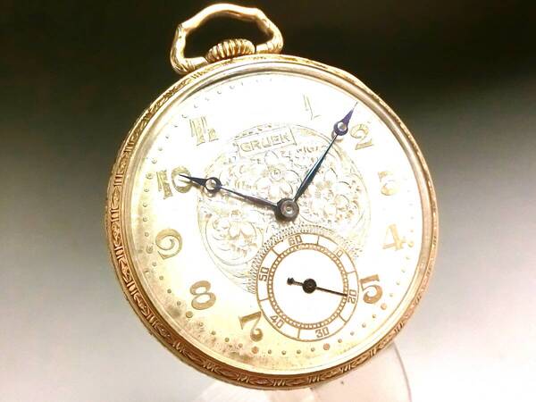★美品 アンティーク GRUEN グリュエン GUILD ギルド Cal.754★美しく咲くフローラル ホワイトゴールド 14K 14金(F) ★当時物 懐中時計★