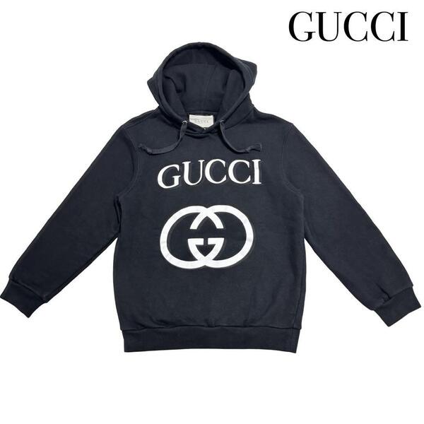 GUCCI グッチ ビッグロゴ インターロッキングG 長袖 スウェット パーカー 表記サイズ S 洋服 ブラック メンズ レディース