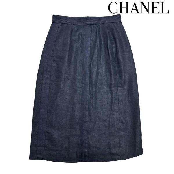 CHANEL シャネル ココマーク ゴールドボタン リネン スカート ネイビー 表記38 M相当 フランス レディース
