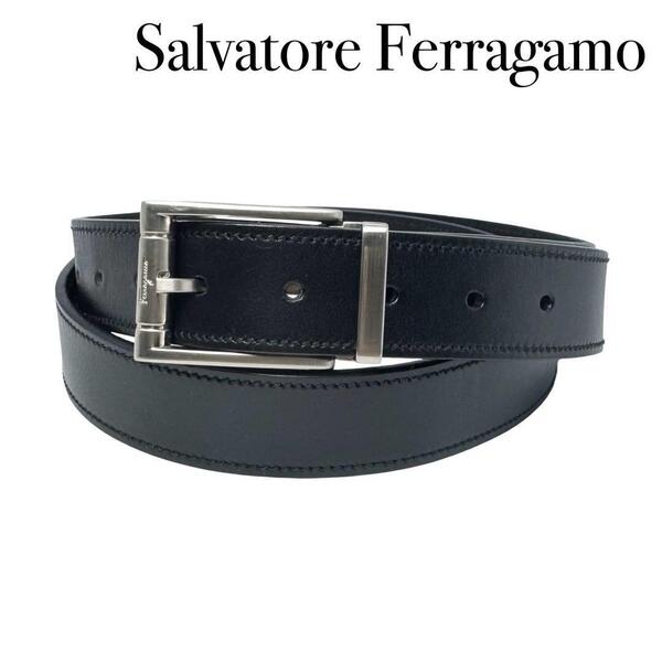 Salvatore Ferragamo フェラガモ レザー ベルト メンズ 黒 ブラック シルバー イタリア製 ビジネス