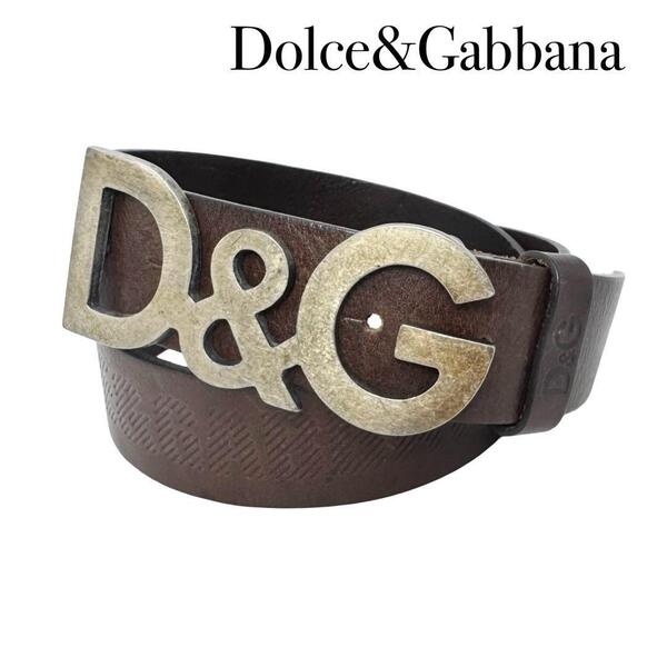 ドルチェ&ガッバーナ DOLCE&GABBANA D&G ドルガバ ヴィンテージ加工 ロゴ レザー ベルト ブラウン シルバー メンズ