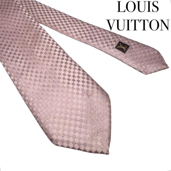 LOUIS VUITTON ルイヴィトン 総柄 ダミエ ピンク シルク100% ネクタイ ビジネス メンズ イタリア製