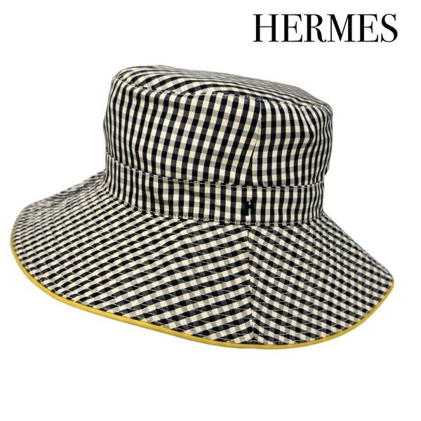 HERMES エルメス Hロゴ シルク バケットハット 帽子 レディース 58サイズ チェック柄 つば広 イエロー