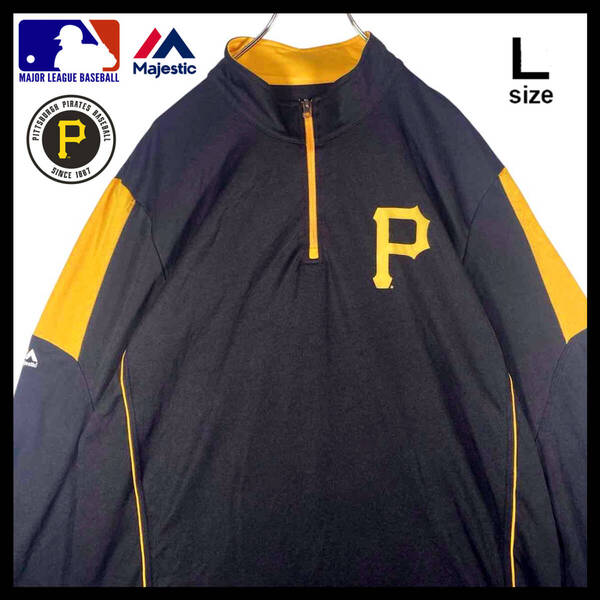 【USED】 MLB パイレーツ Pittsburgh Pirates ハーフジップ トラックジャケット 長袖トレーナー 90s 古着 Lサイズ ブラック ☆送料無料☆