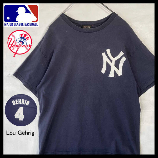 【USED】 MLB ニューヨーク ヤンキース New York Yankees 4番 ルーゲーリッグ Tシャツ 古着 ネイビー (Lサイズ相当) ☆ 送料無料 ☆