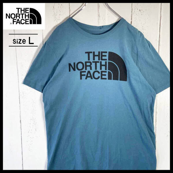 【USED】THE NORTH FACE ノースフェイス ビッグロゴ Tシャツ アウトドア 古着 ブルー (Lサイズ相当) ☆ 送料無料 ☆
