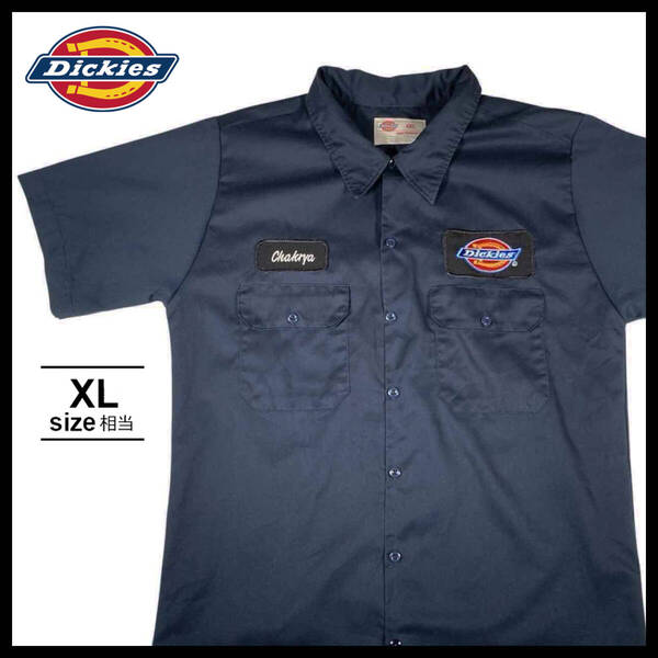 【USED】 ディキーズ Dickies ワークシャツ 半袖 刺繍ワッペン 90s USA アメカジ 古着 XL相当 ブラック ☆送料無料☆
