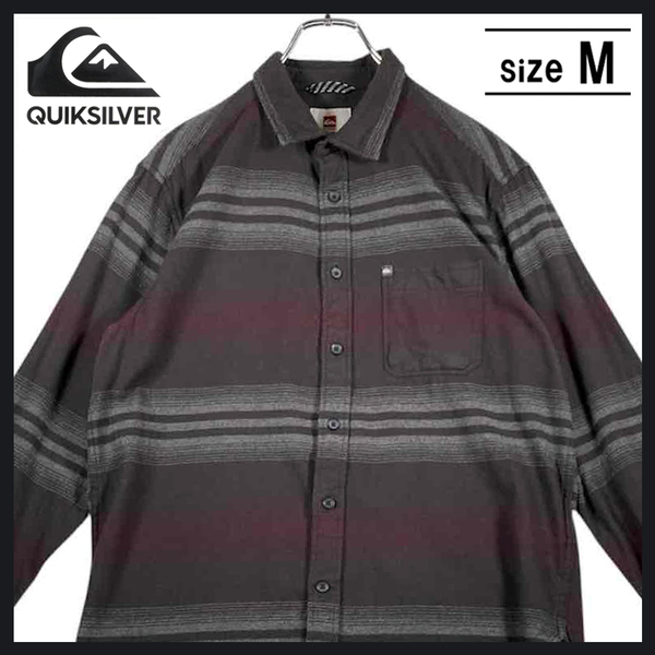 【USED】クイックシルバー QUIKSILVER ネイティブボーダー柄 長袖シャツ 90s アメカジ 古着 M グレー ☆送料無料☆