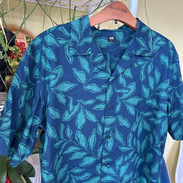 ユニクロ アロハシャツ レーヨン 紺緑 L XL