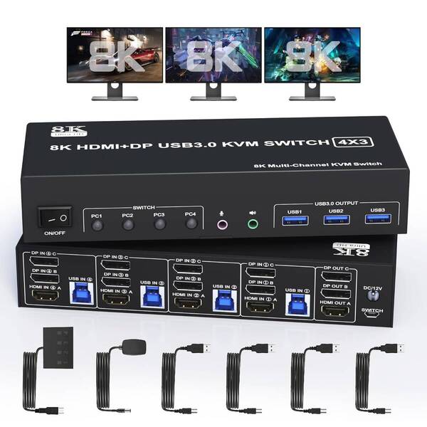 8K@60Hz 4K@144Hz 2 DisplayPort+1 HDMI KVM切替器3モニター4PC