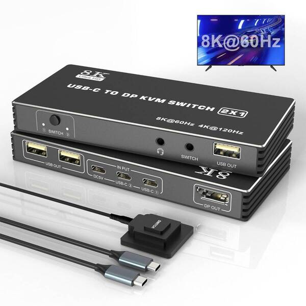 DisplayPort KVM切替器 USB C KVM切替器 8K 2入力1出力 2台のコンピューター用のUSB DisplayPortスイッチ