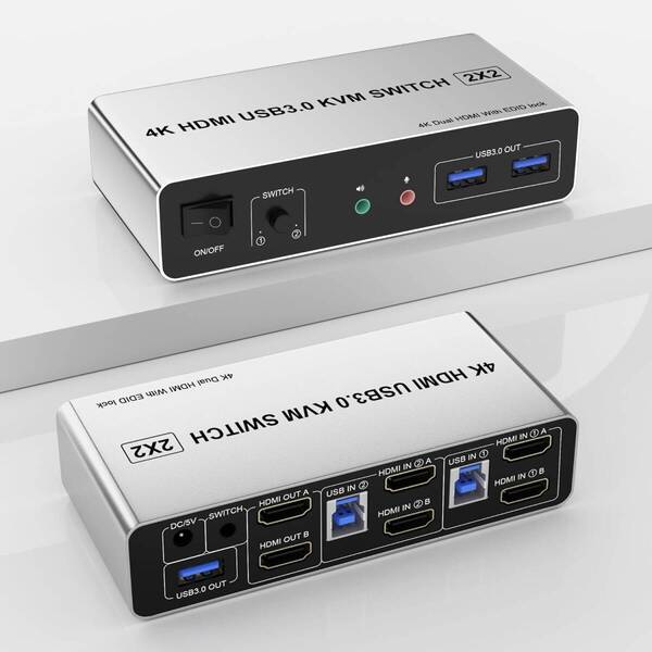 USB 3.0 HDMI デュアル モニター KVMスイッチ 2 ポート 、EDIDサポート付き