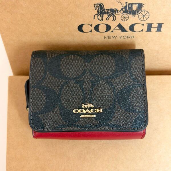 【美品】コーチ COACH 三つ折り財布 C7331 ミニウォレット 小銭入れあり★茶 ブラウン 赤 レッド 返品保証