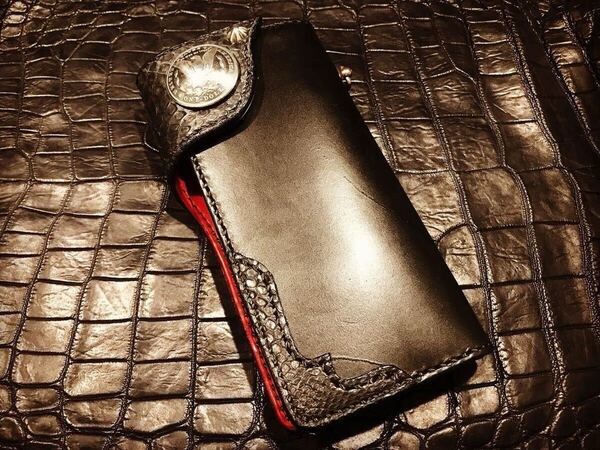 限定価格 栃木サドルレザー×ブラック パイソン 長財布 ロング ウォレット 蛇革 縁起物 本革 バイカー ライダース 検 RJB フラットヘッド
