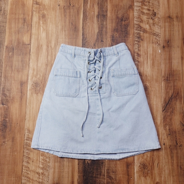 美品 OLIVE des OLIVE レースアップデニムミニスカート レディース ハイウエスト コルセット風 ポケット付 Mサイズ ブルー LF38