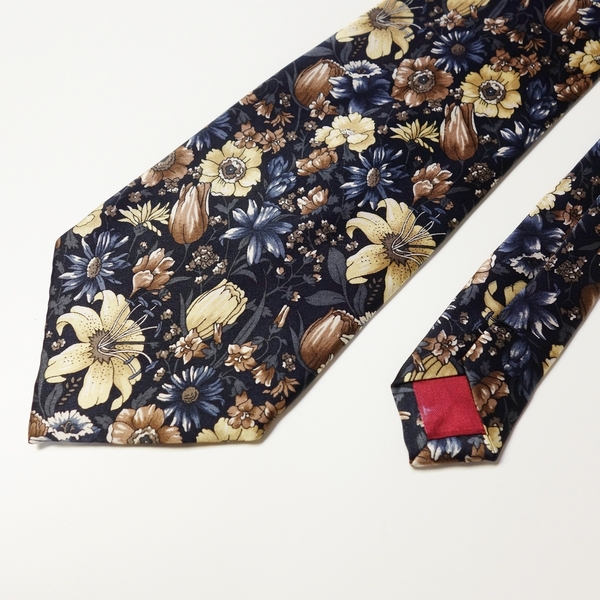 美品 SINSABANG 花柄シルクネクタイ メンズ 韓国製 ビジネス フォーマル ブラック系 LQ44