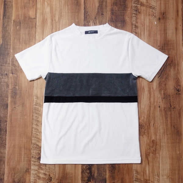 美品 ナノユニバース nano・universe ベロア切替クルーネックTシャツ メンズ 切替デザイン リラックス Sサイズ 白 ホワイト MB7
