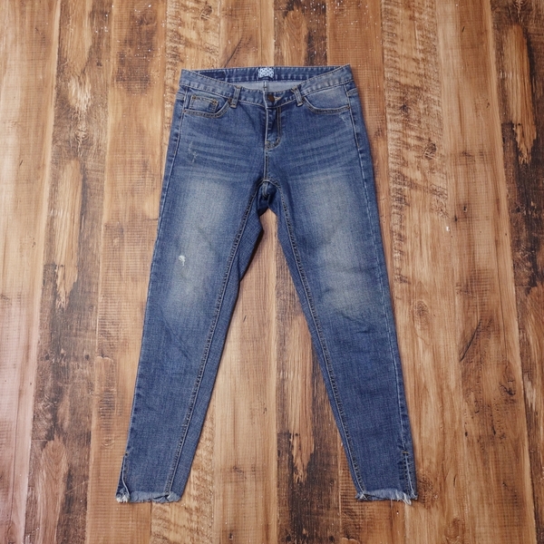 美品 セレクト SELECT ストレッチスキニージーンズ レディース カットオフ 裾フリンジ 美脚 28インチ デニム パンツ ブルー MA35