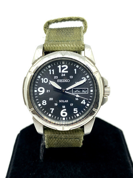 【即決】SEIKO セイコー ソーラー 100M防水 メンズ 腕時計 SS デイデイト 黒文字盤 カーキ SNE095P2 V158-0AD0 海外モデル 稼動品