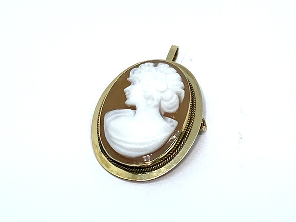 【即決】 585 K14 カメオ ブローチ ペンダントトップ 2WAY シェルカメオ 横19.0mm 縦23.5mm 女性横顔 2.8g