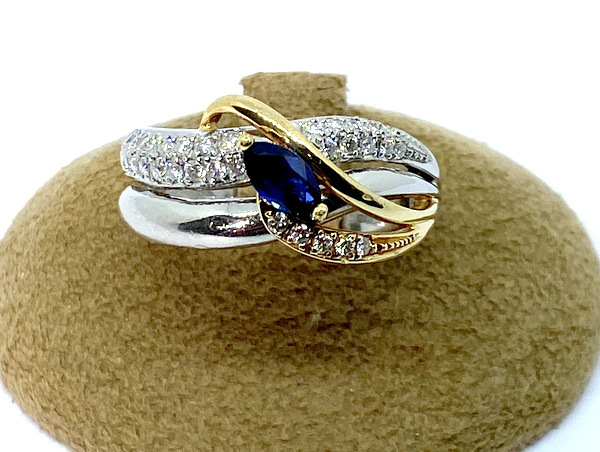 【即決/14.5号】 PT900 K18 サファイア リング S:0.37ct D:0.30ct プラチナ ゴールド コンビ 指輪 リング 宝石 ジュエリー 青 ブルー 8.0g