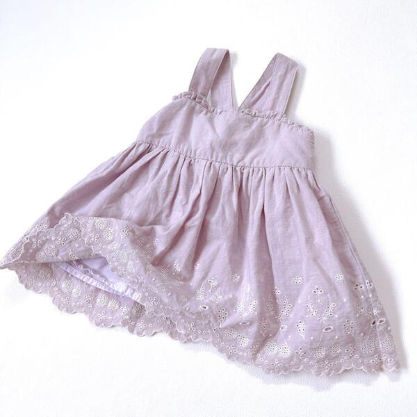 【美品】アプレレクール 花柄刺繍 調節可 コットン フレアワンピース ラベンダー