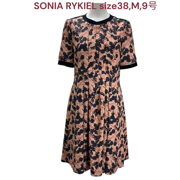 美品 ソニアリキエル レディース ワンピース 半袖 膝丈 ピンク 38,M,9号 SONIA RYKIEL ワンピ ひざ丈 フレア クシュクシュ感 楽器柄 M5Q083