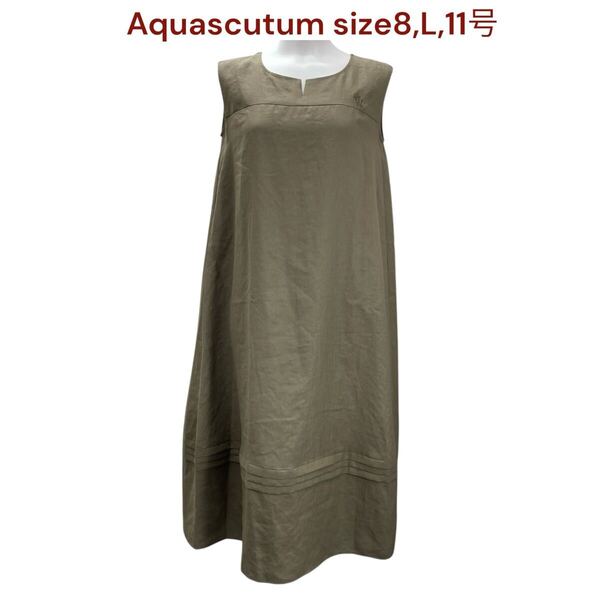 美品 アクアスキュータム レディース ワンピース ロング 袖なし 8,L,11号 Aquascutum ワンピ ノースリーブ プルオーバー カーキー M5Q137