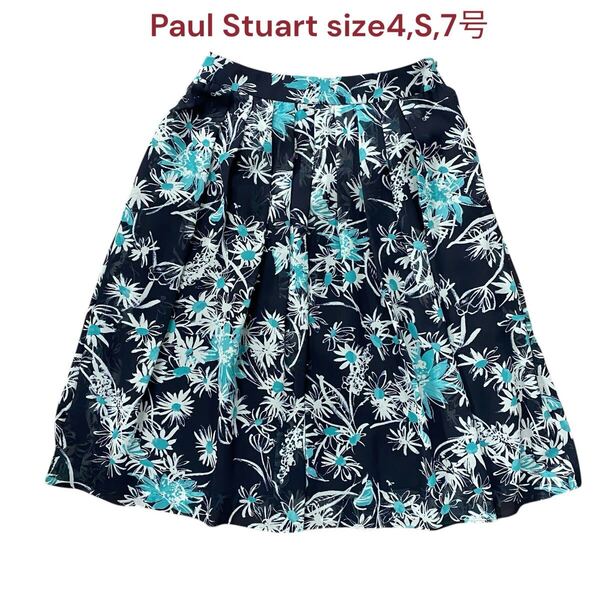 美品 ポールスチュアート レディース スカート 膝丈 プリーツ 4,S,7号 Paul Stuart ボトムス フレア 花柄 総柄 ネイビー 紺色 M5Q155