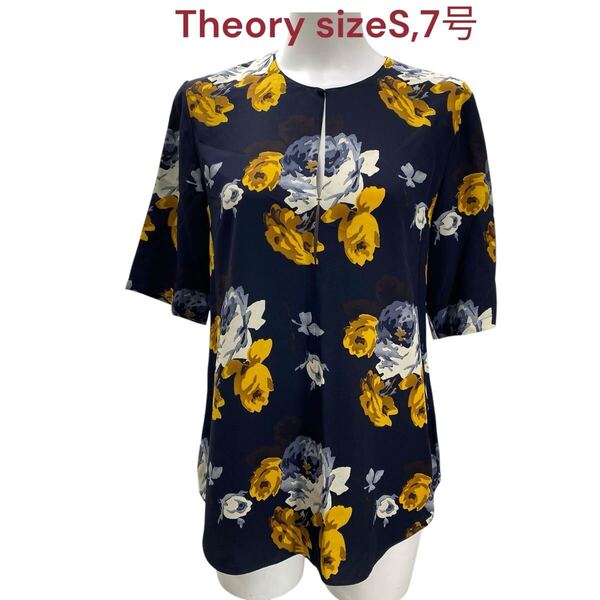 セオリー レディース ブラウス シャツ 半袖 シルク 絹100 花柄 S,7号 Theory トップス 総柄 ネイビー 紺色 プルオーバー絹 M5Q157