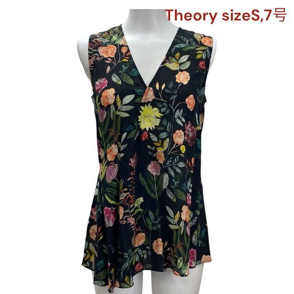 美品 セオリー レディース ブラウス シャツ ノースリーブ シルク S,7号 Theory トップス 袖なし 花柄モチーフ 透け感 黒 ブラック M5Q178