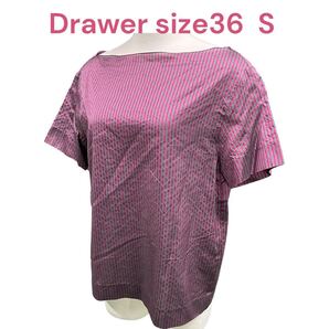 ドロワーDrawerストライプ サテン カットソー シルク混 シャツ レディース 紫 size36 S M5Q192