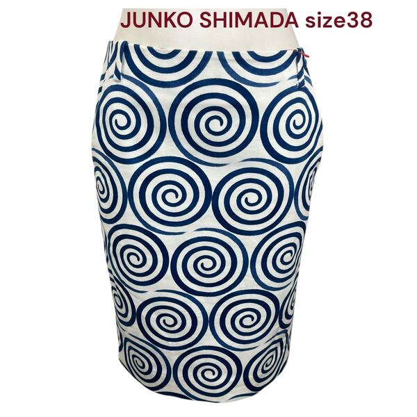 美品 ジュンコシマダ レトロ柄 コットン タイト スカート 38、M、9号 JUNKO SHIMADA レディースM5Q210 白、ホワイト