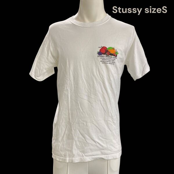 ステューシー メンズ Tシャツ シャツ 半袖 ホワイト コットン サイズS Stussy トップス カットソー 白 フルーツ 果物 プリント柄 綿 M5Q231
