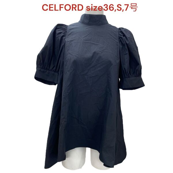 セルフォード レディース ブラウス シャツ ブラック コットン 36,S,7号 CELFORD トップス 半袖 パフスリーブ チュニック風 綿混 M5Q394