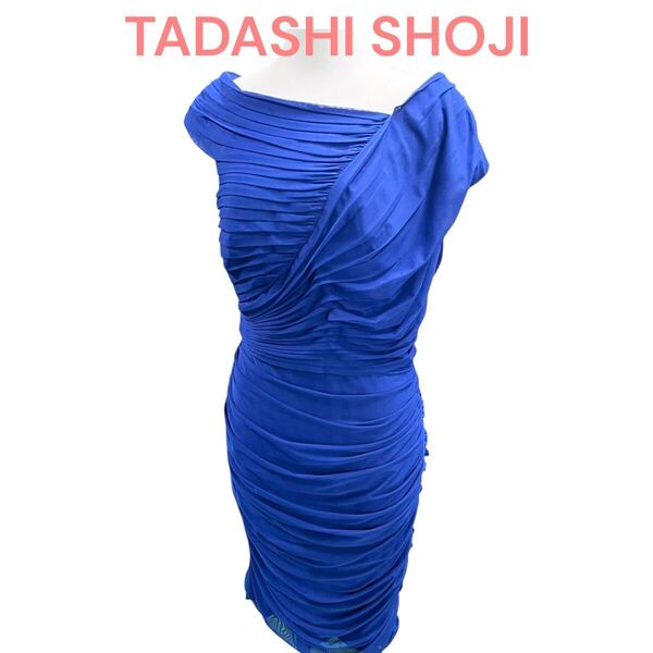 TADASHI SHOJIタダシショウジ ノースリーブ アシンメトリー ドレス ドレープ ワンピース青size M M5Q421