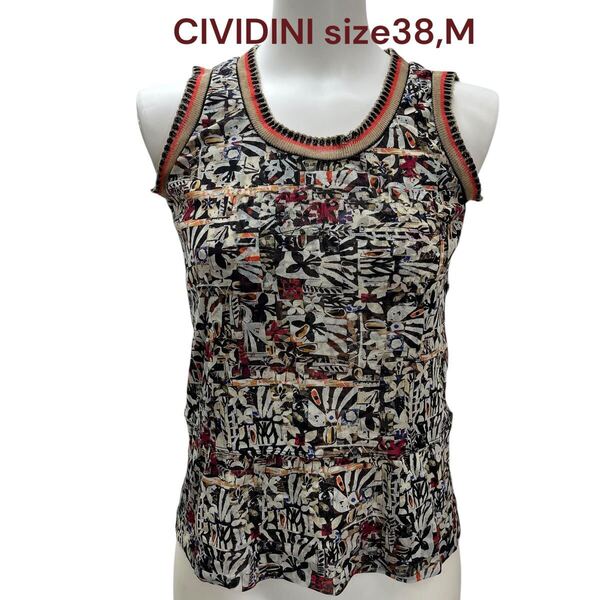 美品 チヴィディーニ 花柄 パワーネット カットソー ノースリーブ トップス CIVIDINI レディース M5Q427 38、M、9号