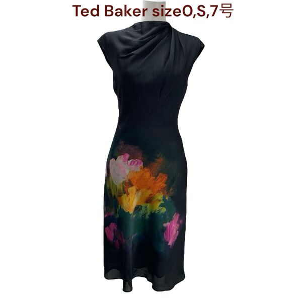 美品 テッドベーカー レディース ワンピース ノースリーブ ロング 0,S,7号 Ted Baker ワンピ トップス 袖なし フレア ドレス サテン M5Q431